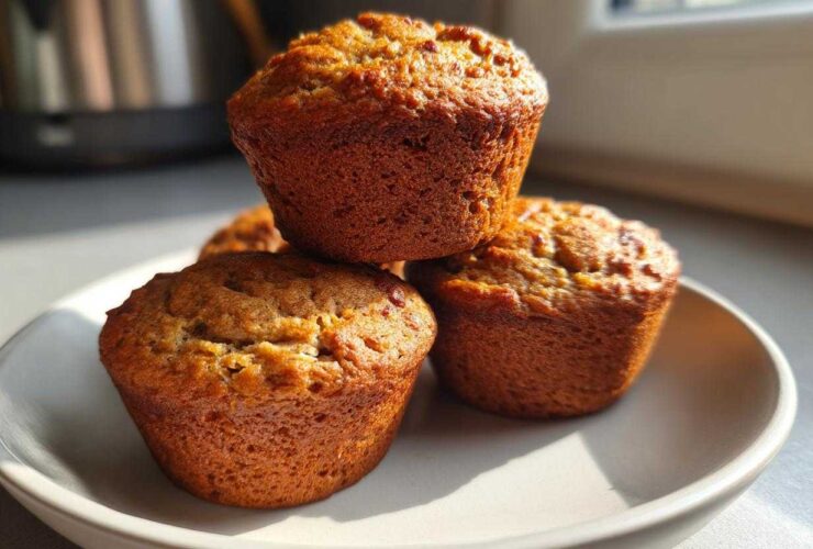 A stack of three golden-brown banana protein muffins sitting on a light-colored plate, captured in bright sunlight.
