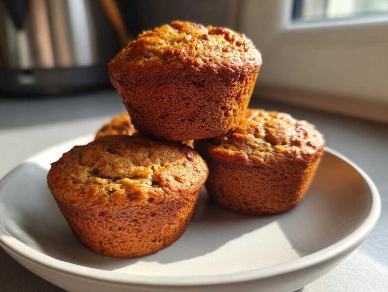 A stack of three golden-brown banana protein muffins sitting on a light-colored plate, captured in bright sunlight.
