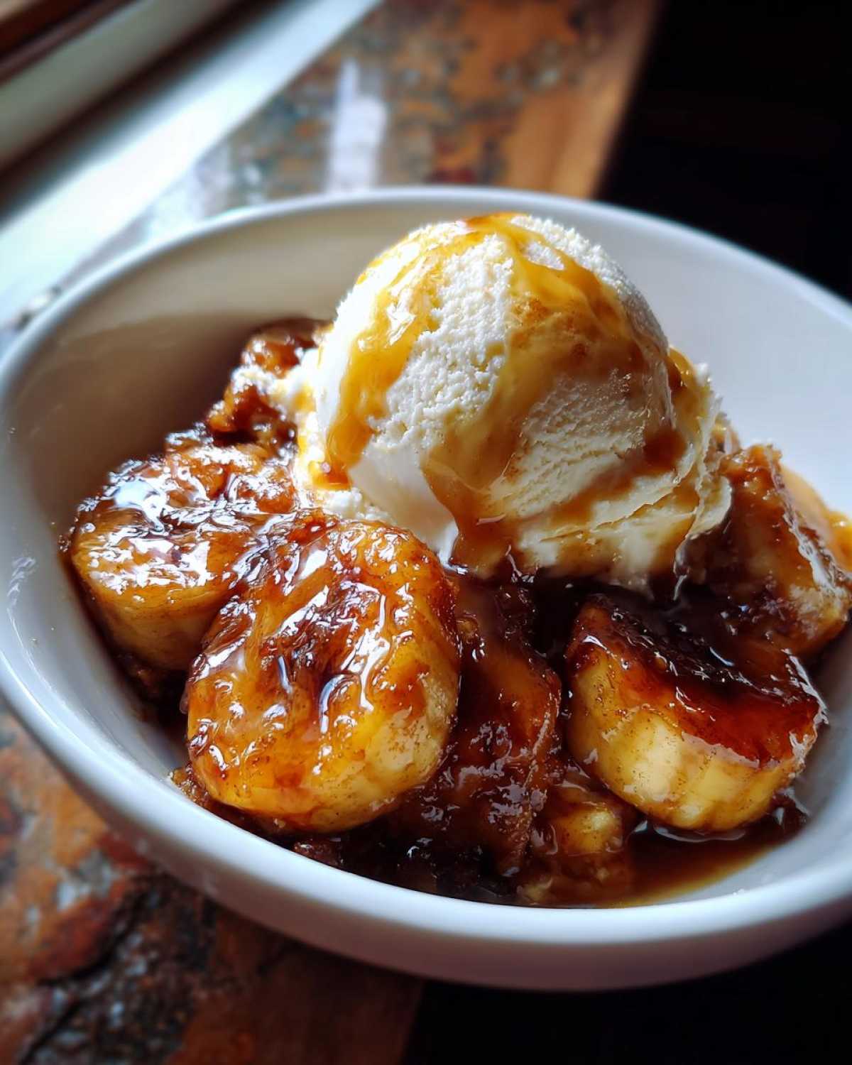 Close-up of warm, caramelized bananas in sauce topped with vanilla ice cream, a perfect serving of bananas foster.