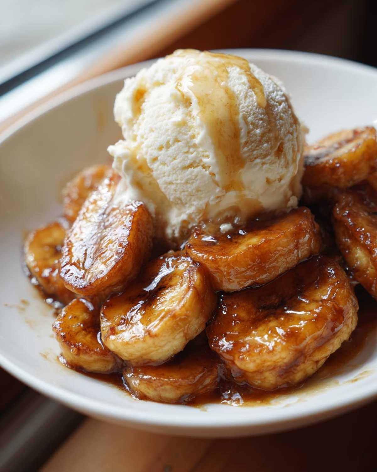 Close-up of caramelized bananas in sauce topped with vanilla ice cream for Bananas Foster.
