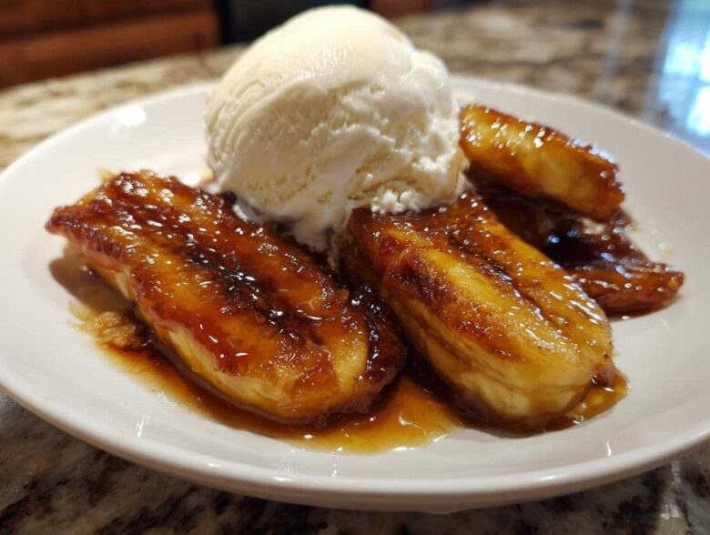 Close-up of caramelized bananas foster halves topped with a scoop of vanilla ice cream on a white plate.