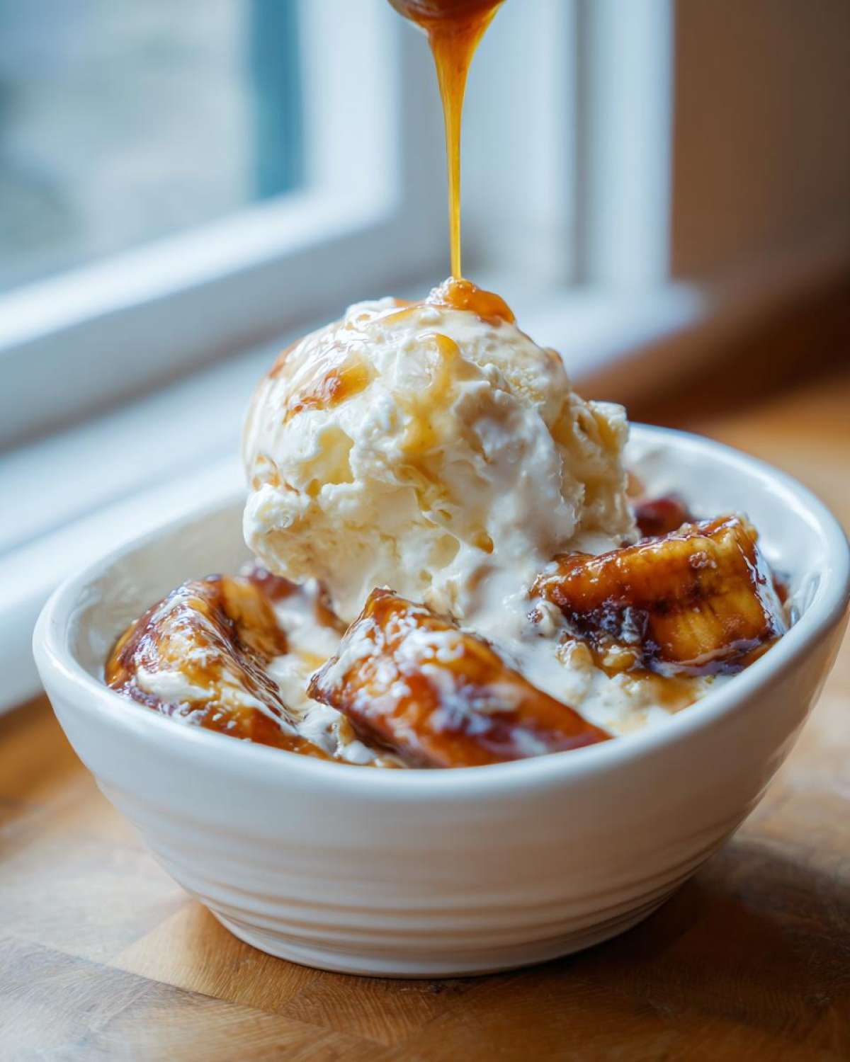 A scoop of vanilla ice cream topped with caramelized bananas and sauce being drizzled on top for delicious bananas foster.