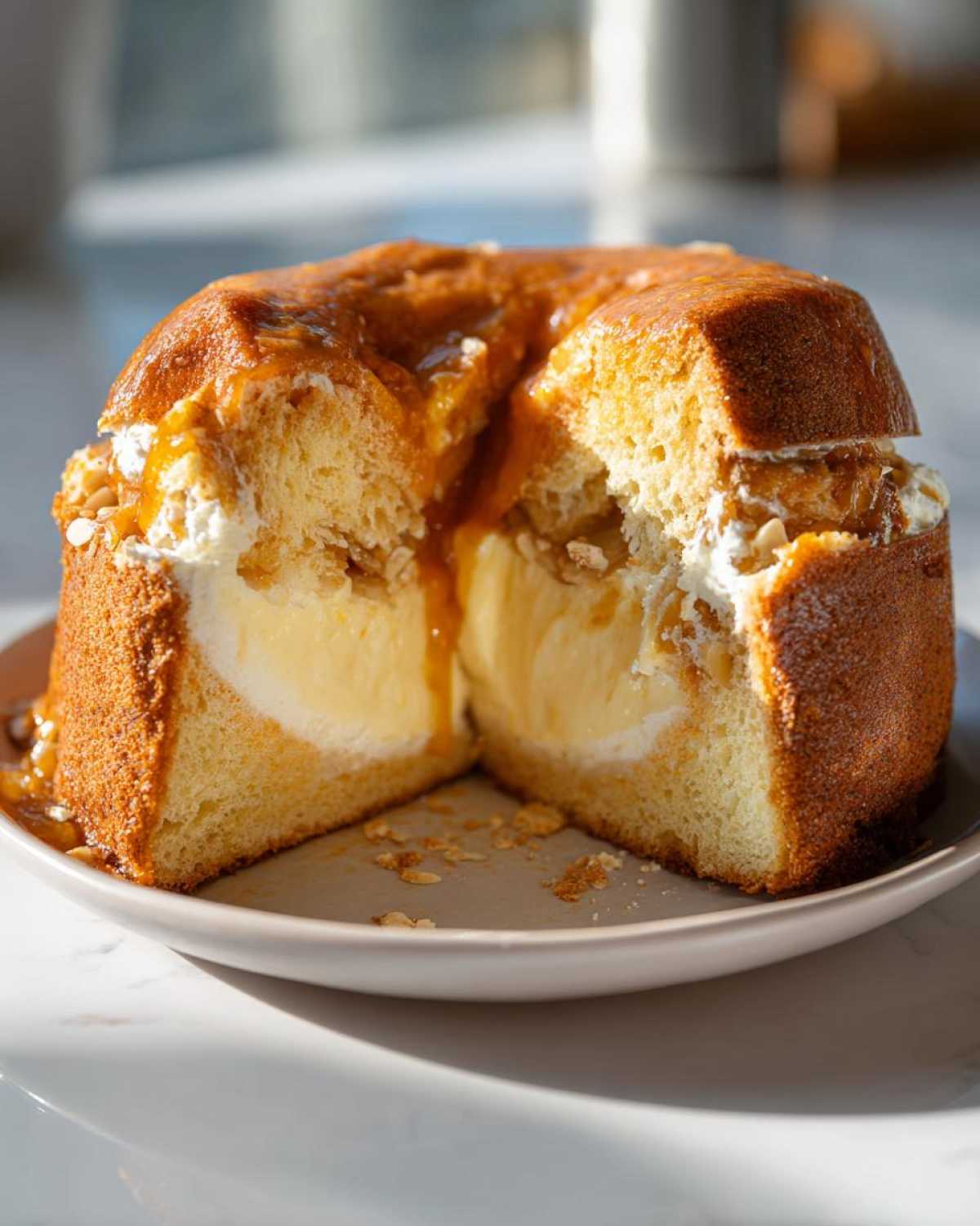 A bee sting cake cut in half, revealing layers of light sponge, rich vanilla cream filling, and a sticky caramel topping.