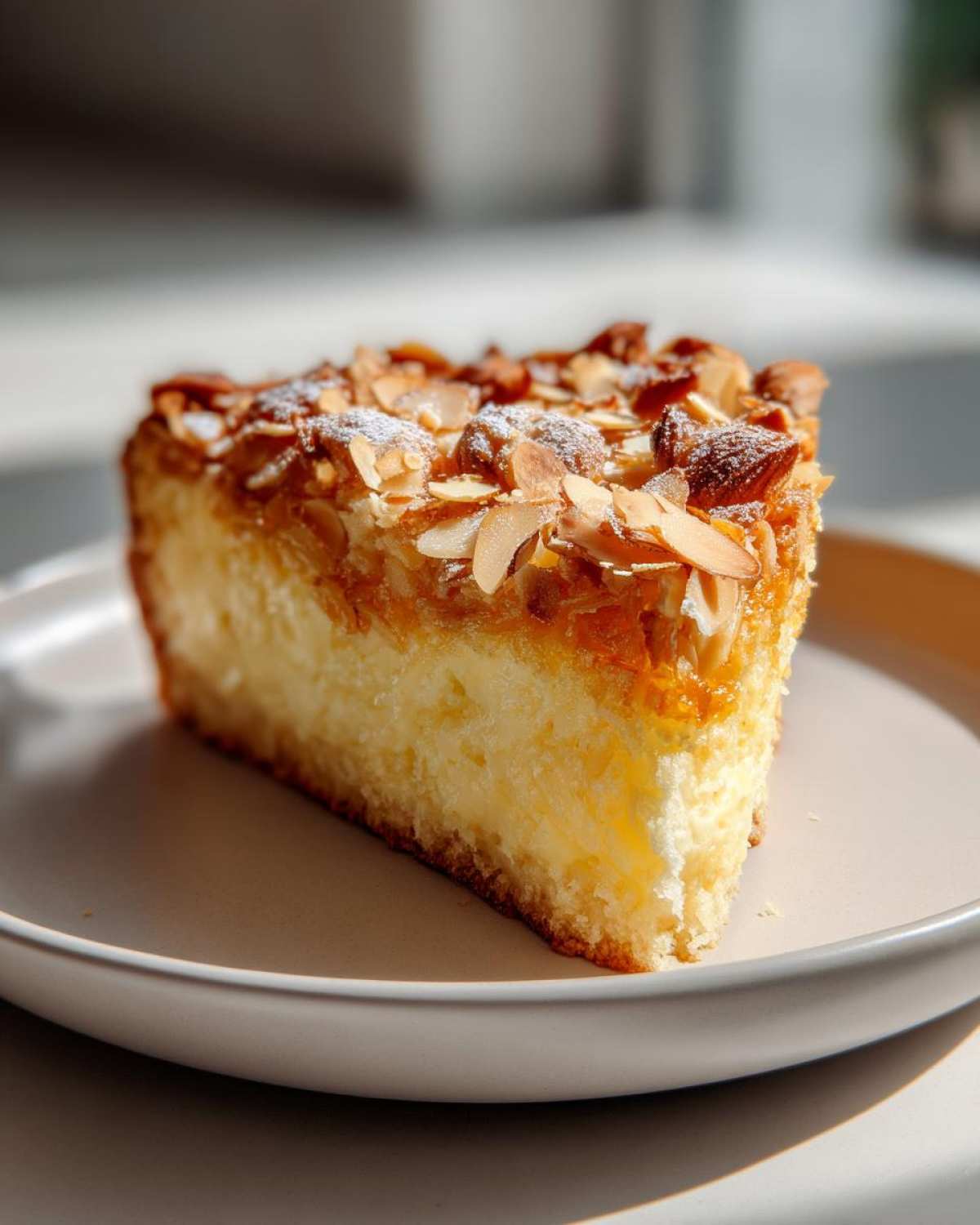 Close-up of a single slice of bee sting cake on a plate, featuring a creamy interior and caramelized almond topping.