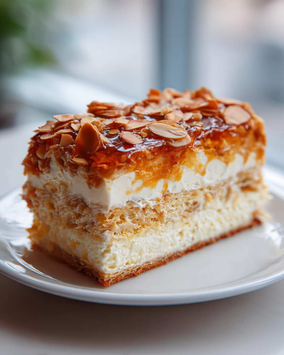 A close-up of a layered slice of bee sting cake featuring cream filling and a caramelized almond topping.
