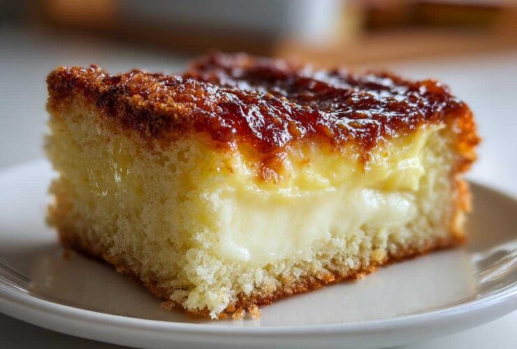A close-up view of a moist slice of bee sting cake featuring a thick layer of cream filling and a caramelized honey topping.