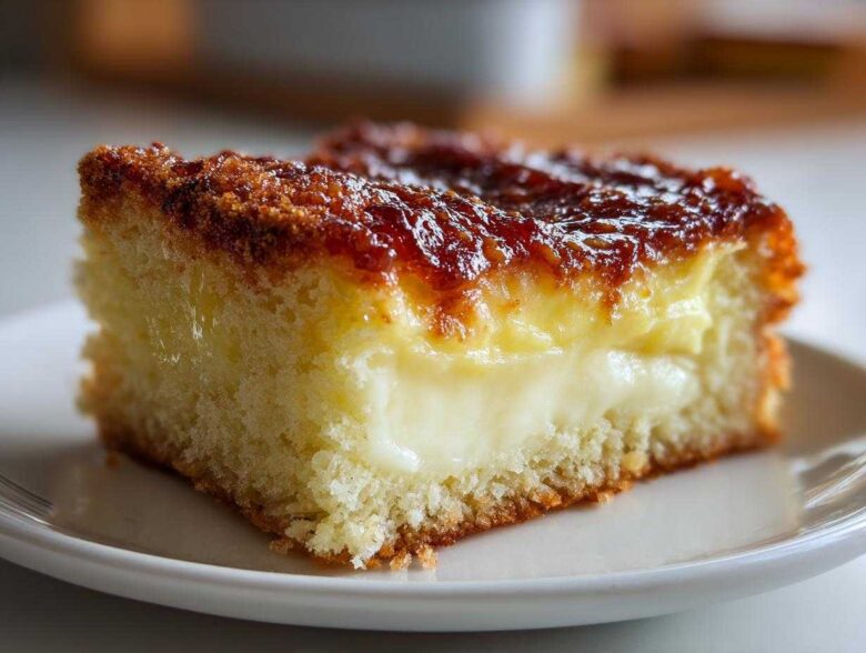 A close-up view of a moist slice of bee sting cake featuring a thick layer of cream filling and a caramelized honey topping.