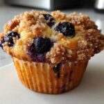 Close-up of a golden-brown blueberry muffin topped with crunchy streusel and visible blueberries.