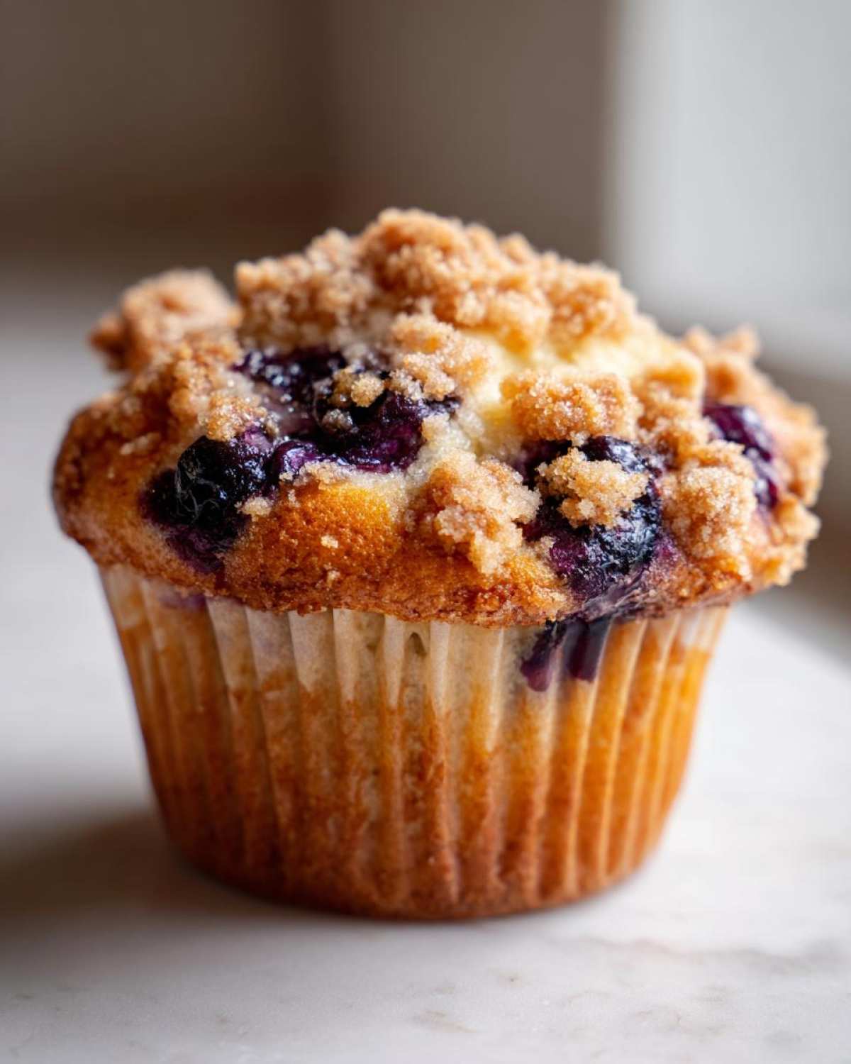 Close-up of a golden brown blueberry muffin topped with sweet streusel crumbs.