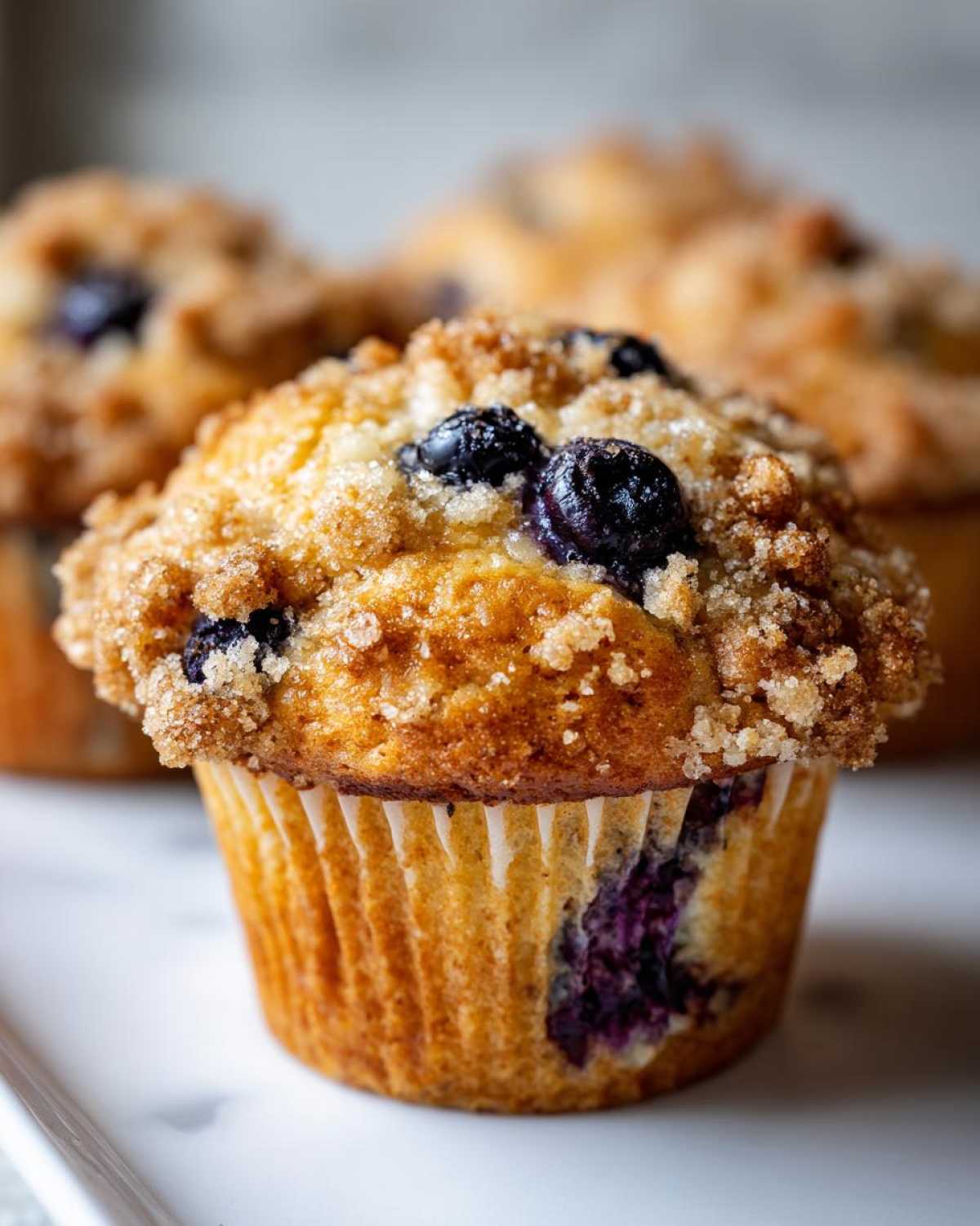 A close-up of a freshly baked blueberry muffin with a golden brown crumb topping and visible blueberries.