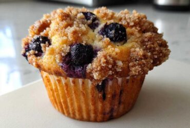Close-up of a golden-brown blueberry muffin topped with crunchy streusel and visible blueberries.