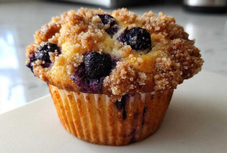 Close-up of a golden-brown blueberry muffin topped with crunchy streusel and visible blueberries.