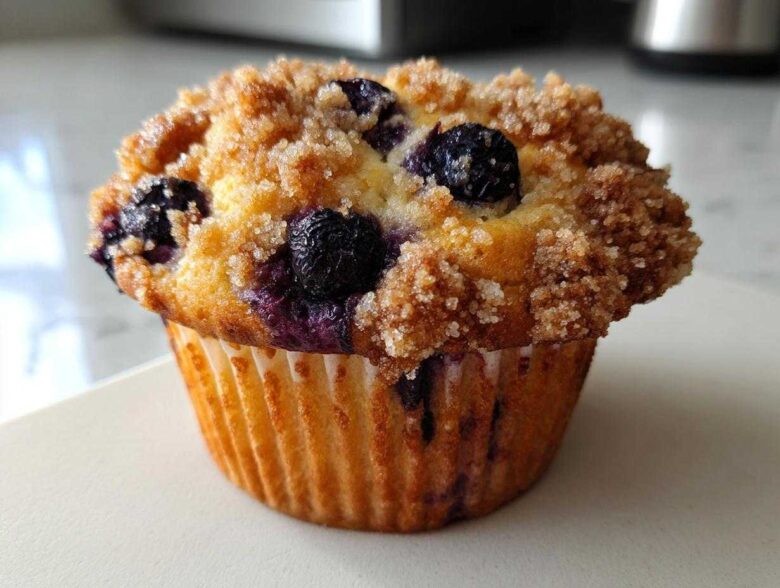 Close-up of a golden-brown blueberry muffin topped with crunchy streusel and visible blueberries.
