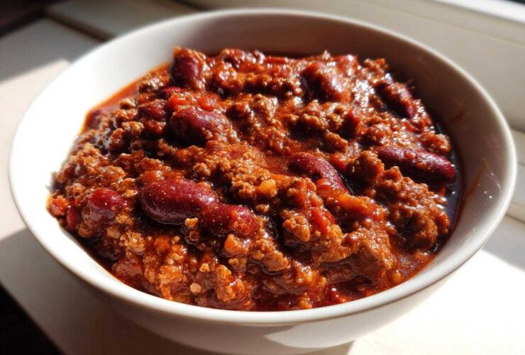 Close-up of a rich, thick bowl of chili, featuring ground meat and kidney beans, ready to eat.