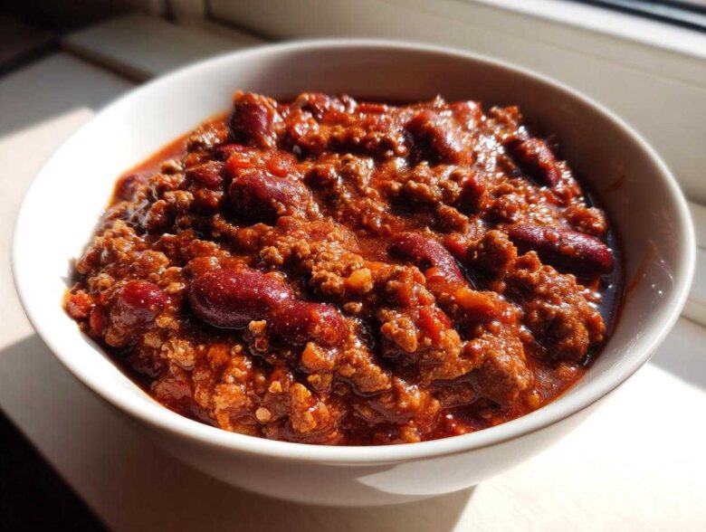 Close-up of a rich, thick bowl of chili, featuring ground meat and kidney beans, ready to eat.