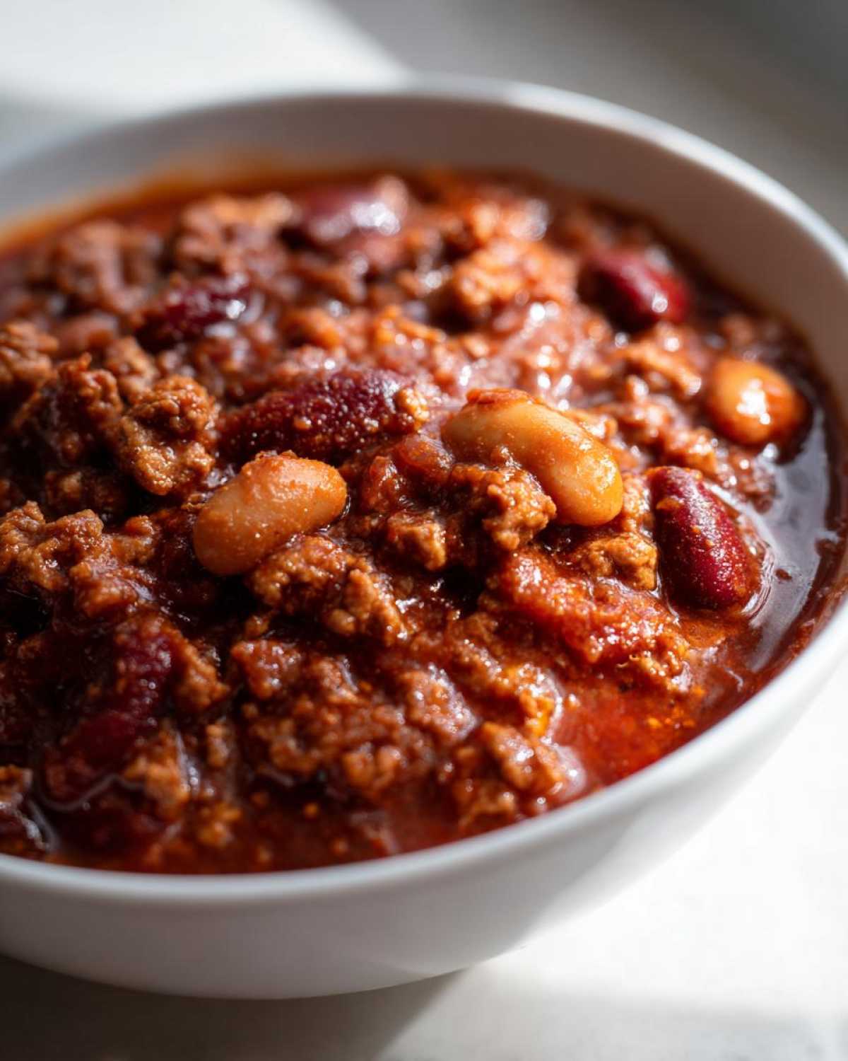 Close-up of a white bowl filled with rich, thick, and hearty best chili recipe featuring ground meat and mixed beans.