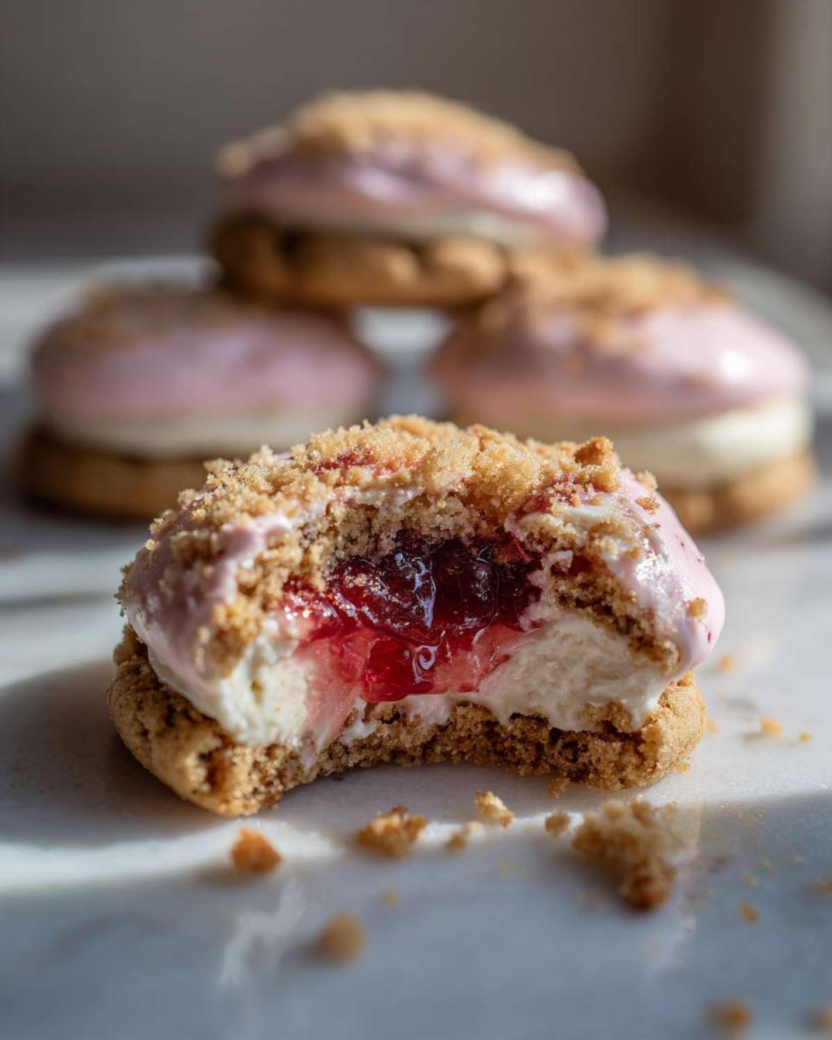 Close-up of a bitten strawberry cheesecake cookies sandwich showing creamy filling and bright red strawberry jam center.