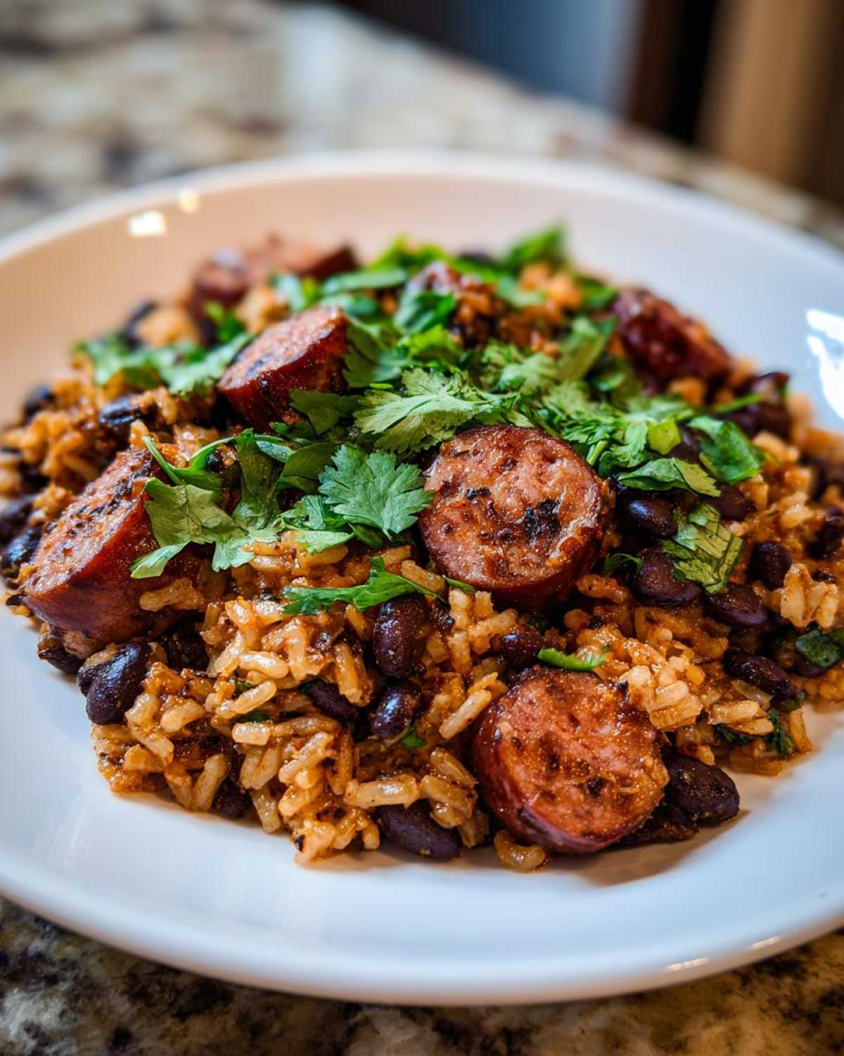 Close-up of flavorful black beans and rice mixed with sliced, browned sausage and topped with fresh cilantro.