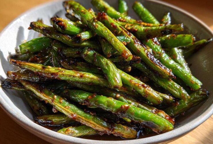 Close-up of blistered chinese green beans with garlic sauce piled high in a light gray serving bowl.