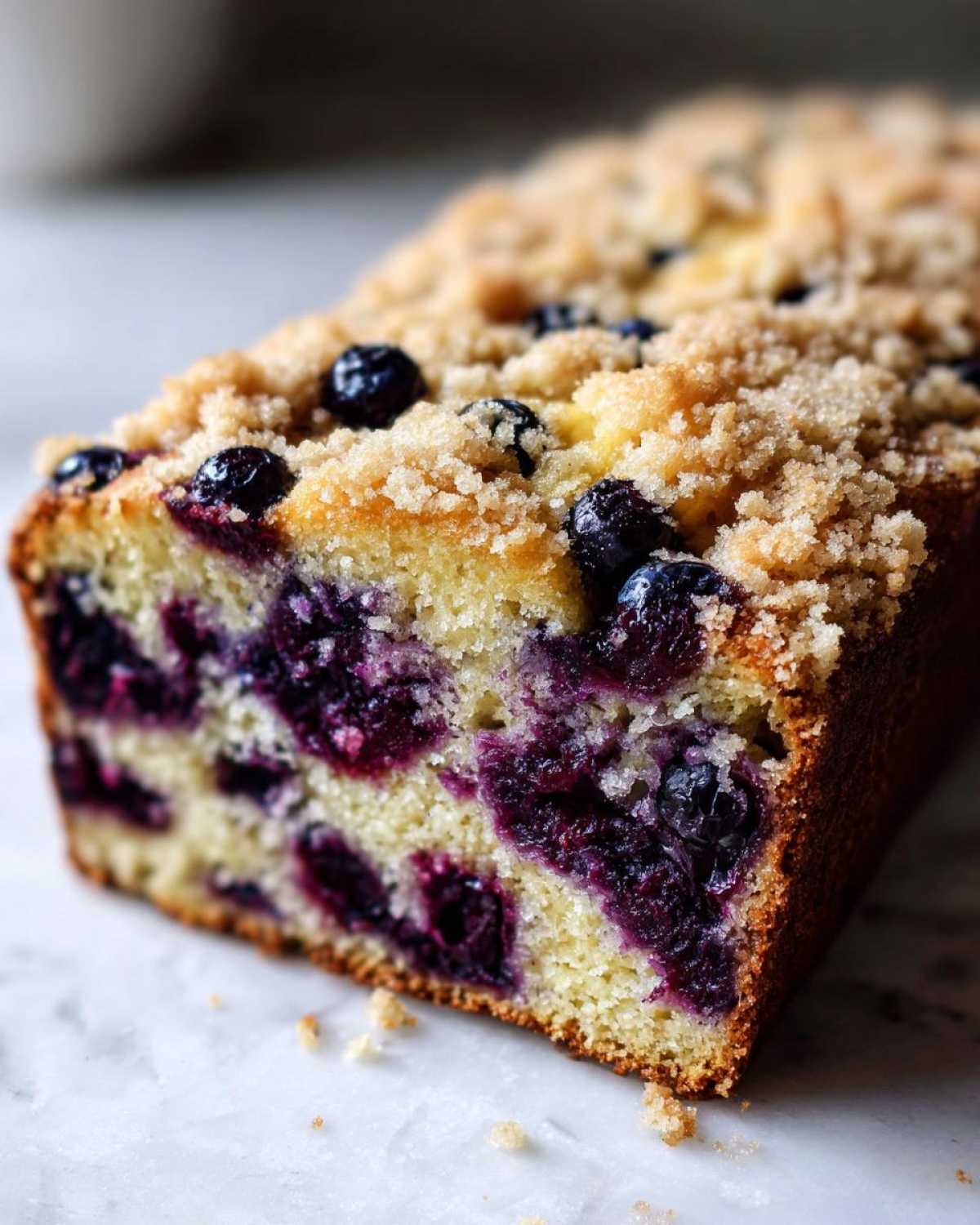 Close-up of a loaf of blueberry banana bread showing moist crumb and generous blueberries inside, topped with streusel.