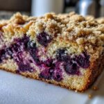 Close-up of a slice of blueberry banana bread showing a moist crumb, bursting blueberries, and a crunchy streusel topping.