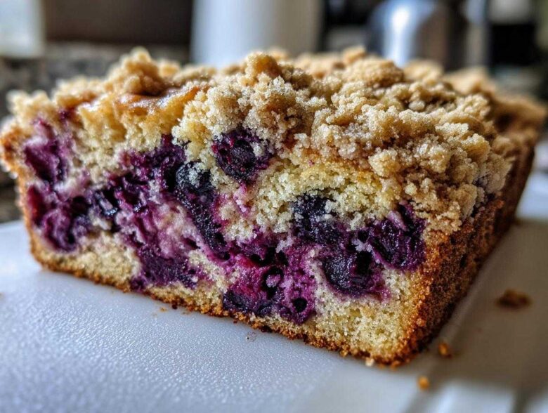 Close-up of a slice of blueberry banana bread showing a moist crumb, bursting blueberries, and a crunchy streusel topping.