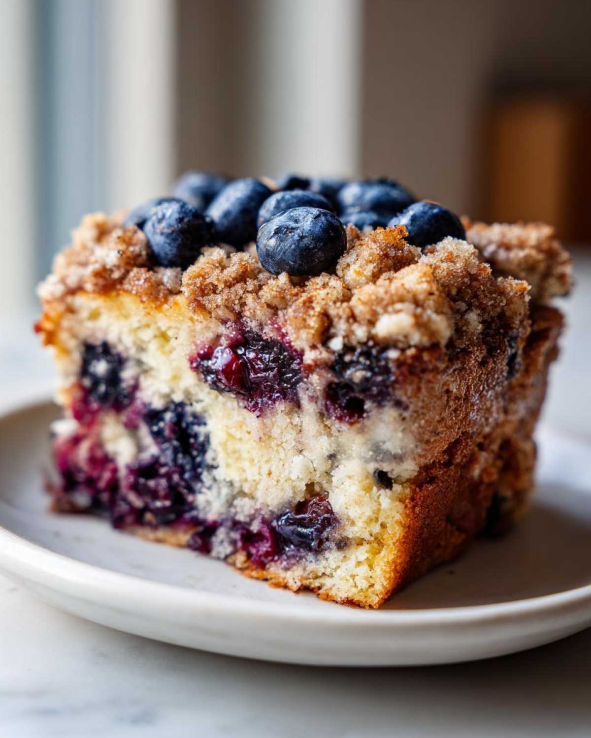 Close-up of a moist slice of blueberry breakfast cake topped with fresh blueberries and streusel.