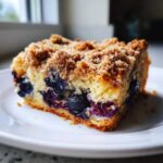 Close-up of a moist slice of blueberry breakfast cake featuring a thick, golden crumb topping.