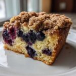 Close-up of a moist slice of blueberry breakfast cake featuring a thick, sugary crumb topping.