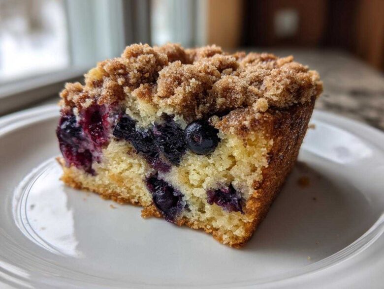 Close-up of a moist slice of blueberry breakfast cake featuring a thick, sugary crumb topping.