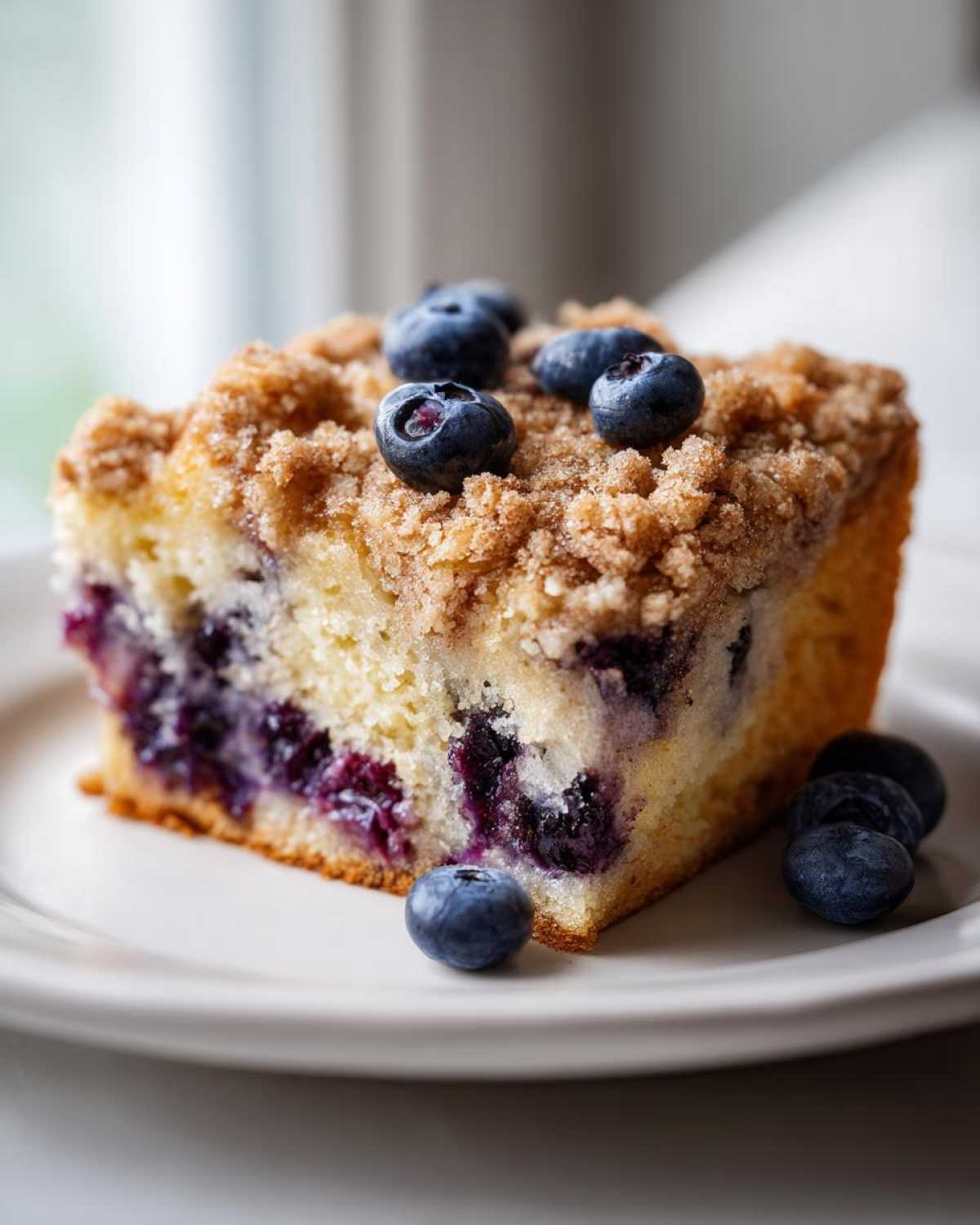 A close-up of a moist slice of blueberry breakfast cake topped with brown sugar streusel and fresh blueberries.