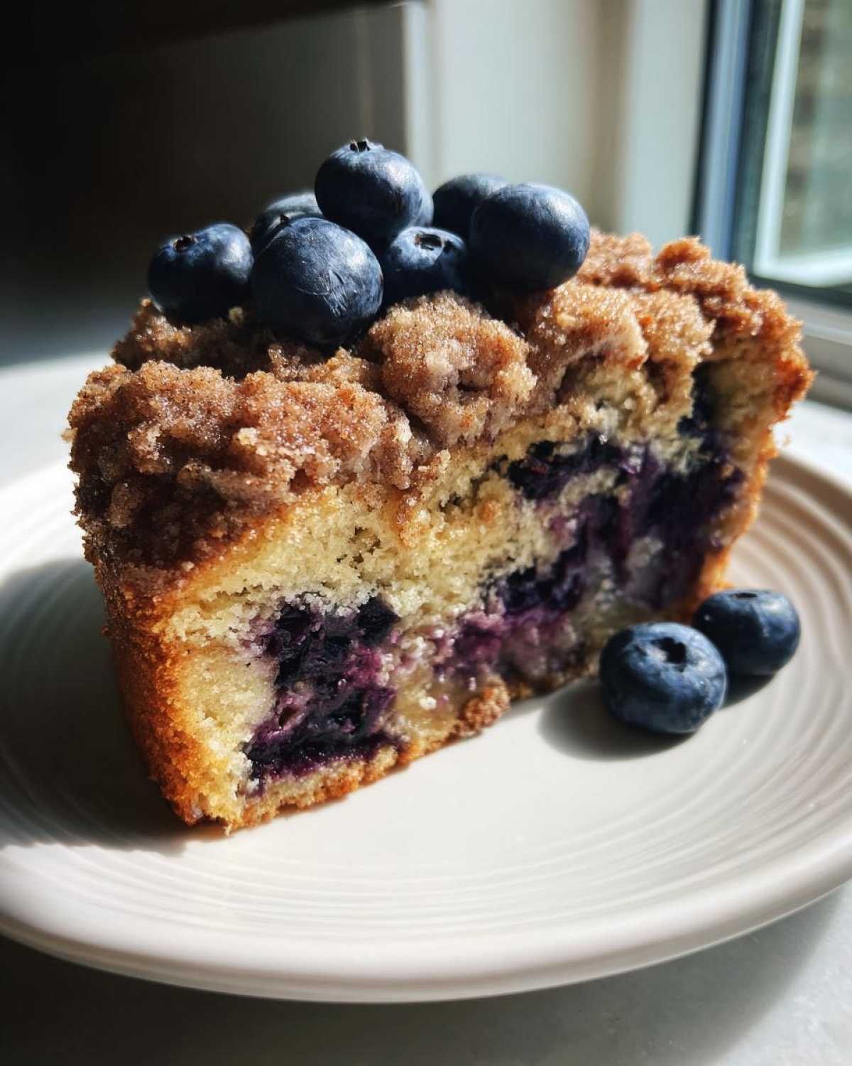 A moist slice of blueberry breakfast cake topped with brown sugar streusel and fresh blueberries.