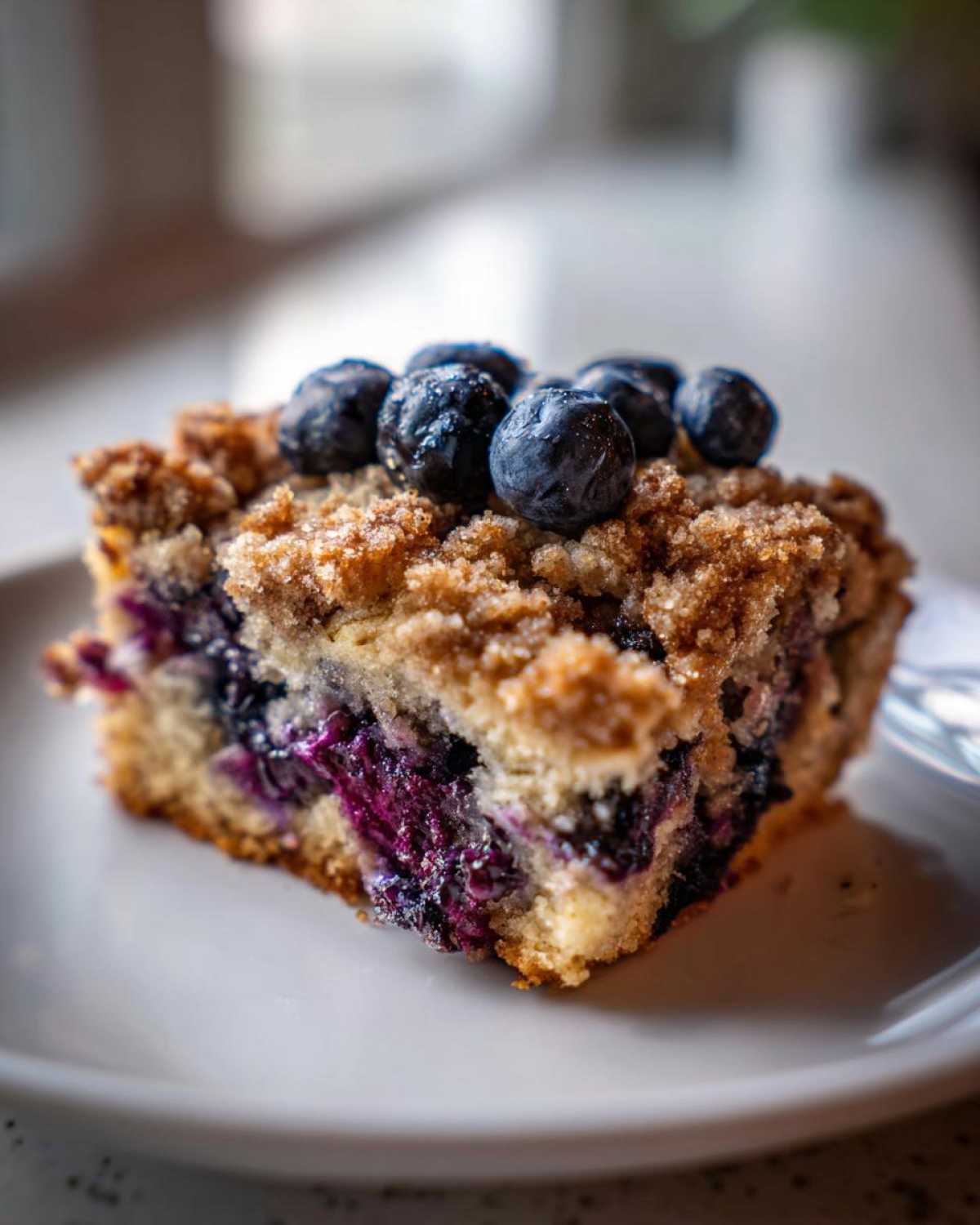 Close-up of a moist slice of blueberry breakfast cake topped with fresh blueberries and brown sugar streusel.