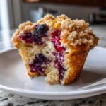 A cross-section of a delicious blueberry muffin showing moist cake, bursting blueberries, and a crumb topping.