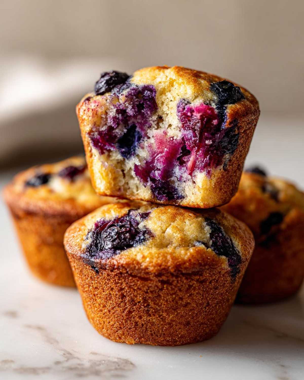 Close-up of stacked blueberry protein muffins, one cut in half showing moist interior.