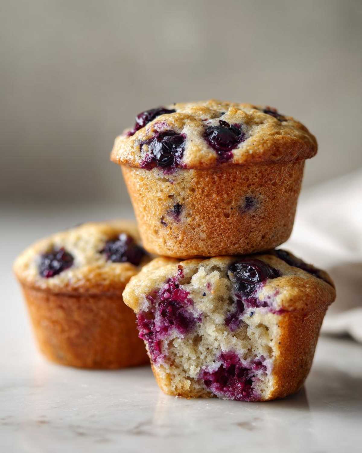 A stack of three golden blueberry protein muffins, one broken open to show the moist interior.