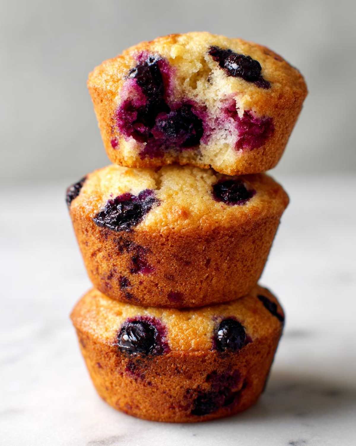 A stack of three golden-brown blueberry protein muffins, with the top one having a bite taken out.