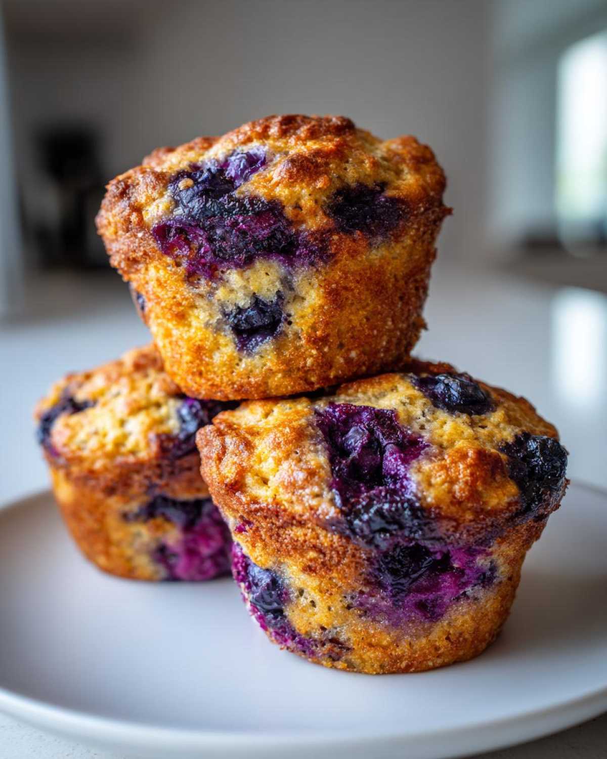Close-up of three golden-brown blueberry protein muffins stacked on a white plate.