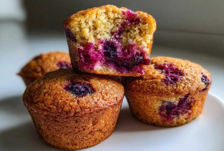 A stack of golden brown blueberry protein muffins, with the top one cut in half showing the moist interior.