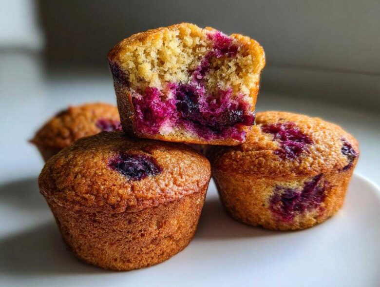 A stack of golden brown blueberry protein muffins, with the top one cut in half showing the moist interior.