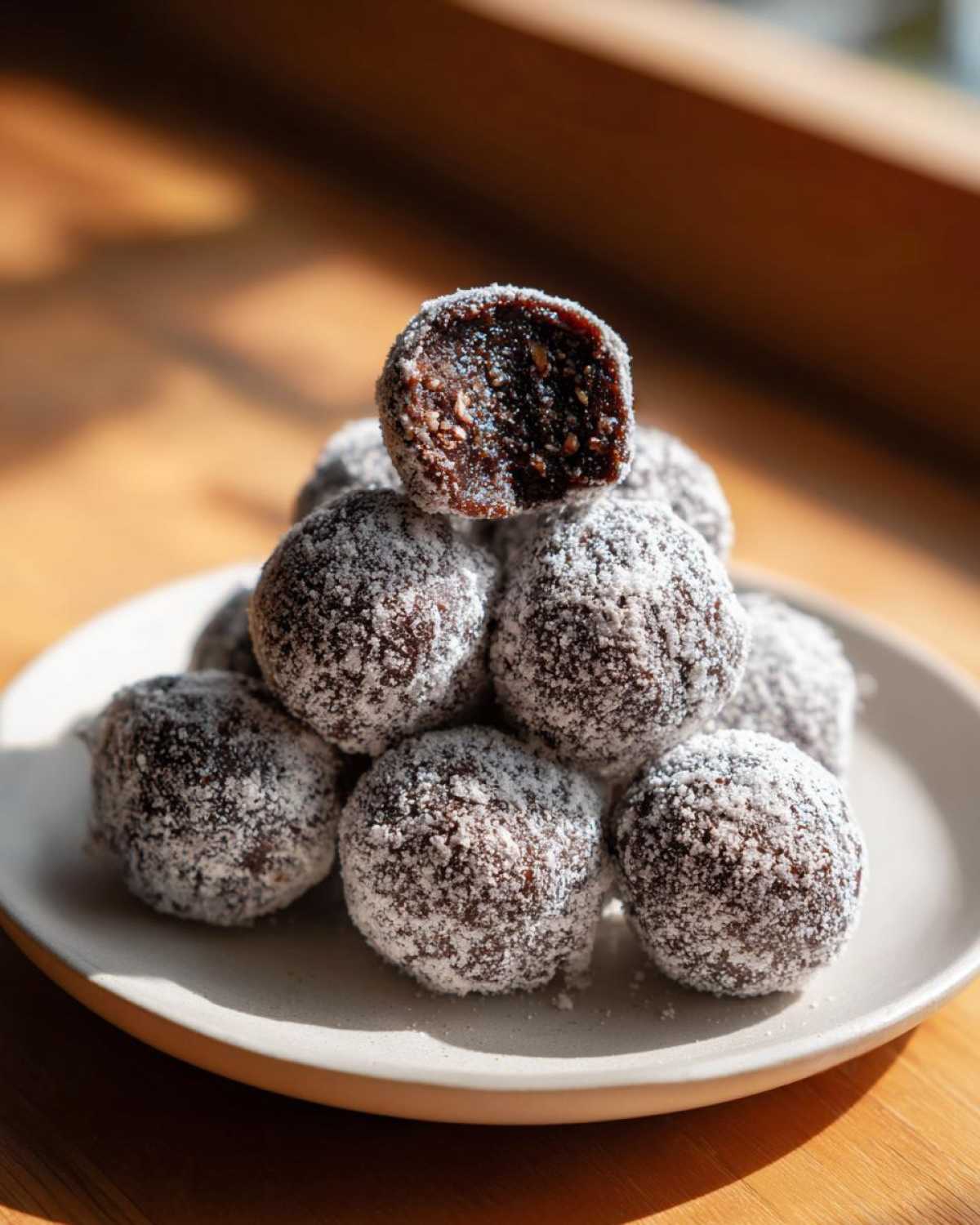 A stack of dark chocolate bourbon balls generously coated in powdered sugar, with one at the top showing a bite taken out.