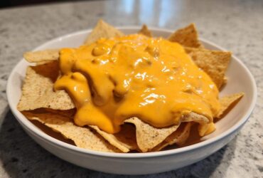 A white bowl filled with tortilla chips generously topped with bright orange nacho cheese sauce.