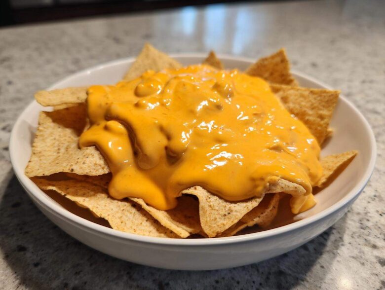 A white bowl filled with tortilla chips generously topped with bright orange nacho cheese sauce.
