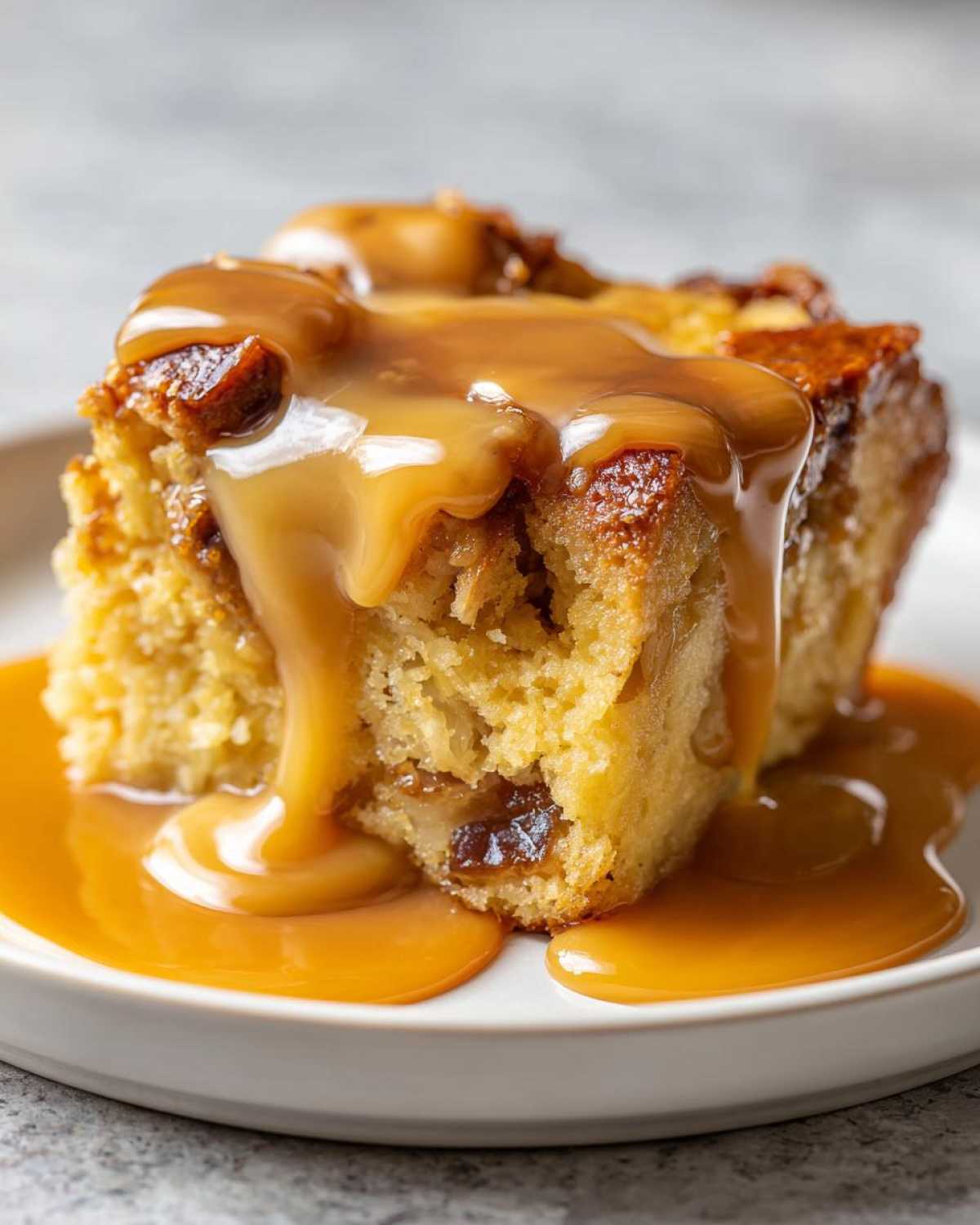 A decadent square of bread pudding with bourbon sauce generously drizzled over the top and pooling on the plate.
