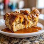 Close-up of a slice of bread pudding with bourbon sauce generously drizzled over the top.