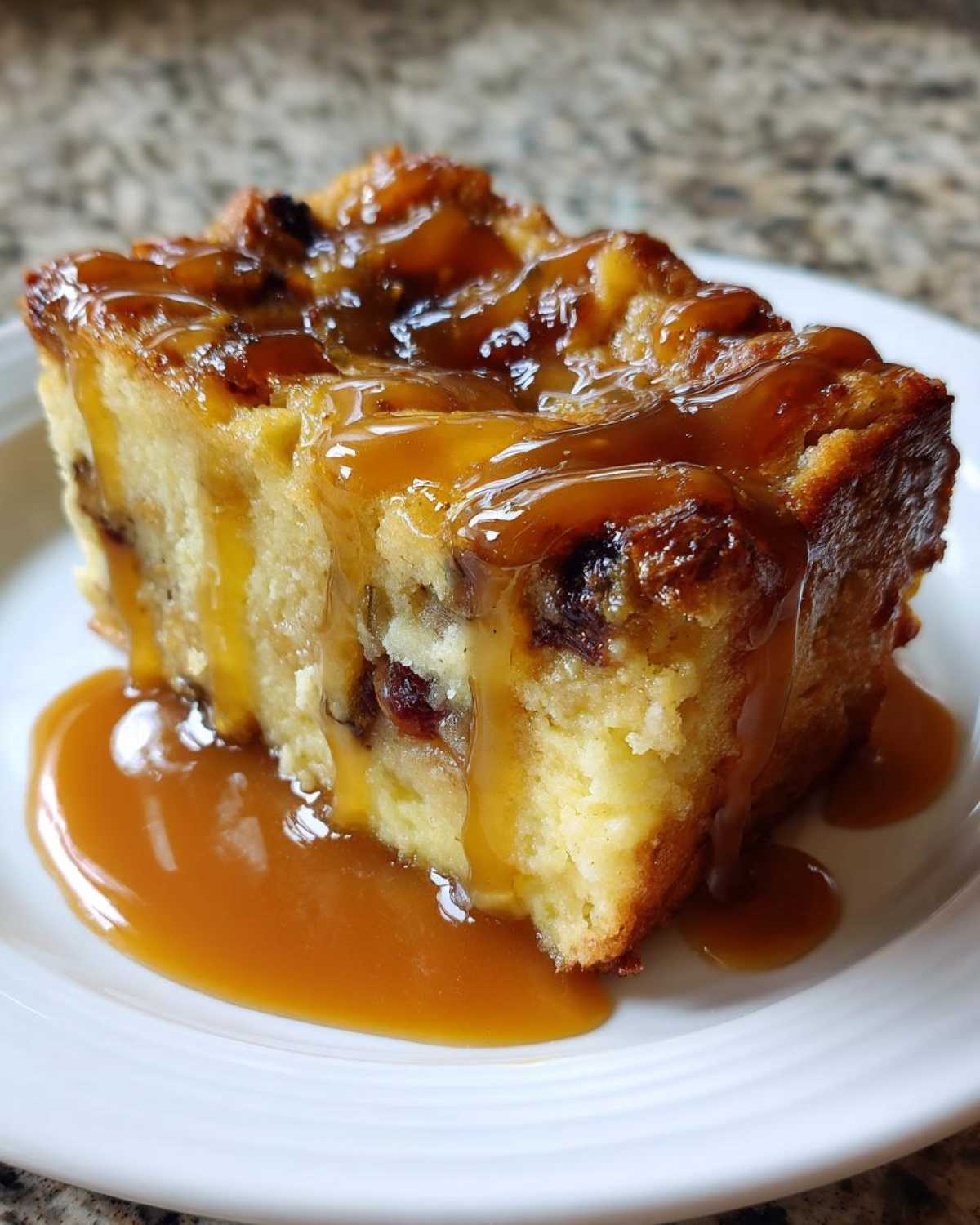 A close-up of a rich slice of bread pudding with bourbon sauce generously drizzled over the top.