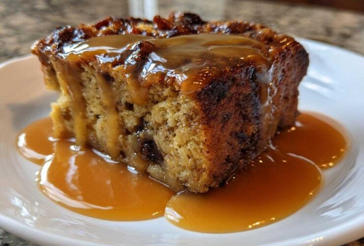 A rich slice of bread pudding with bourbon sauce generously drizzled over the top and pooling on the white plate.