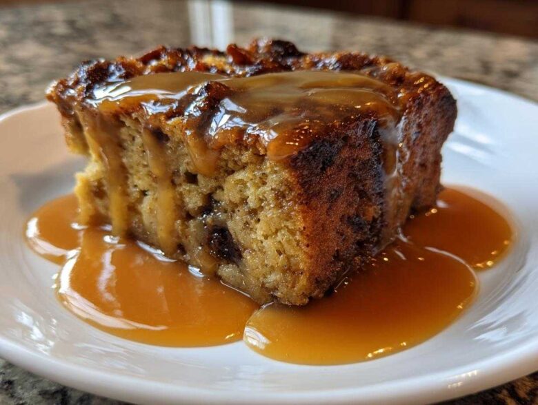 A rich slice of bread pudding with bourbon sauce generously drizzled over the top and pooling on the white plate.