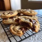 A close-up of gooey brown butter chocolate chip cookies, one broken open showing melted chocolate.