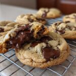 Close-up of a broken brown butter chocolate chip cookie showing melted chocolate lava, resting on a cooling rack with more cookies behind.